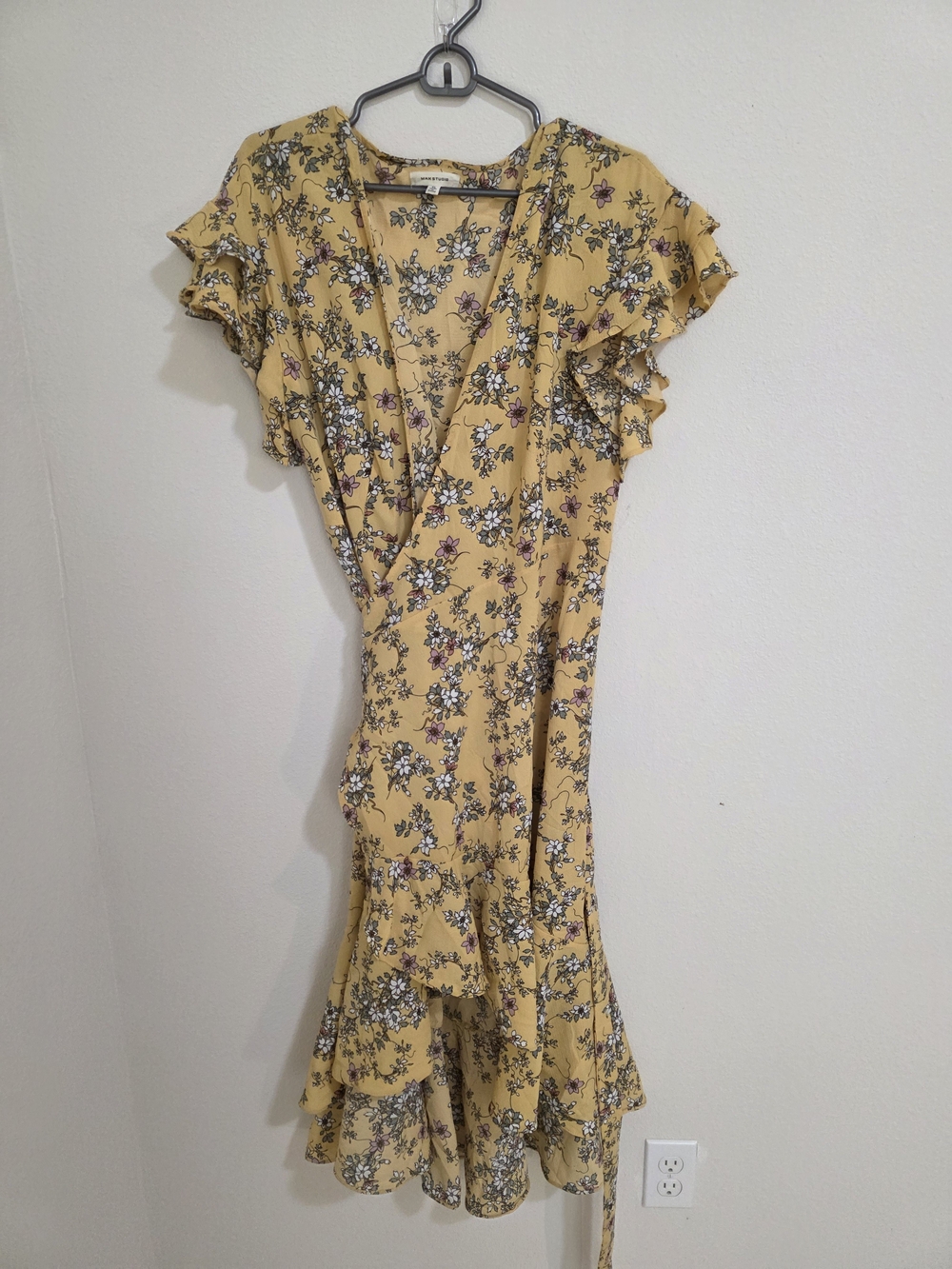 Max Studio Yellow Floral Wrap Midi Dress with Ruffle Sleeves